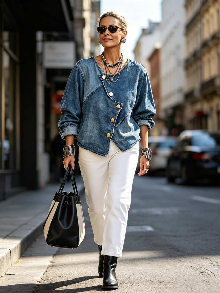 Light blue asymmetrical jacket on a city street