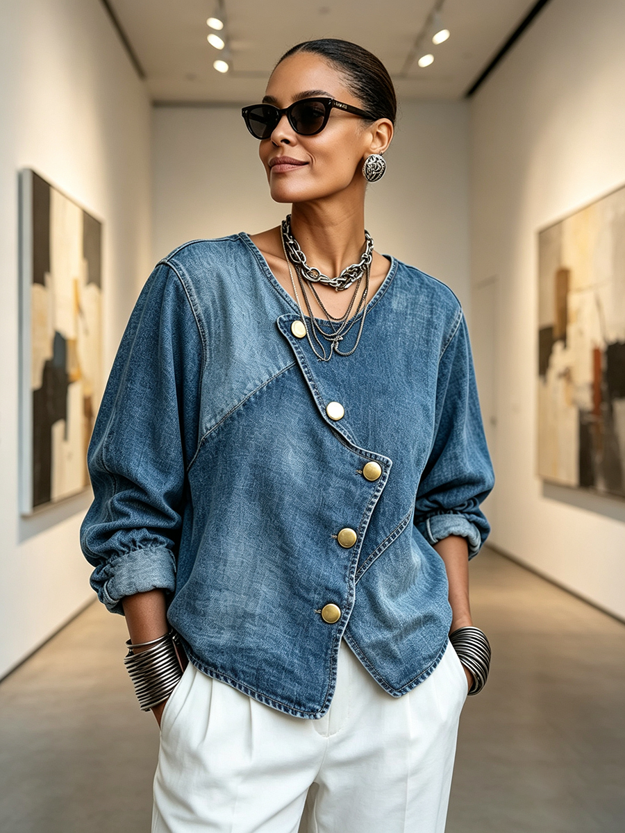 Light blue shacket worn with white trousers in a gallery