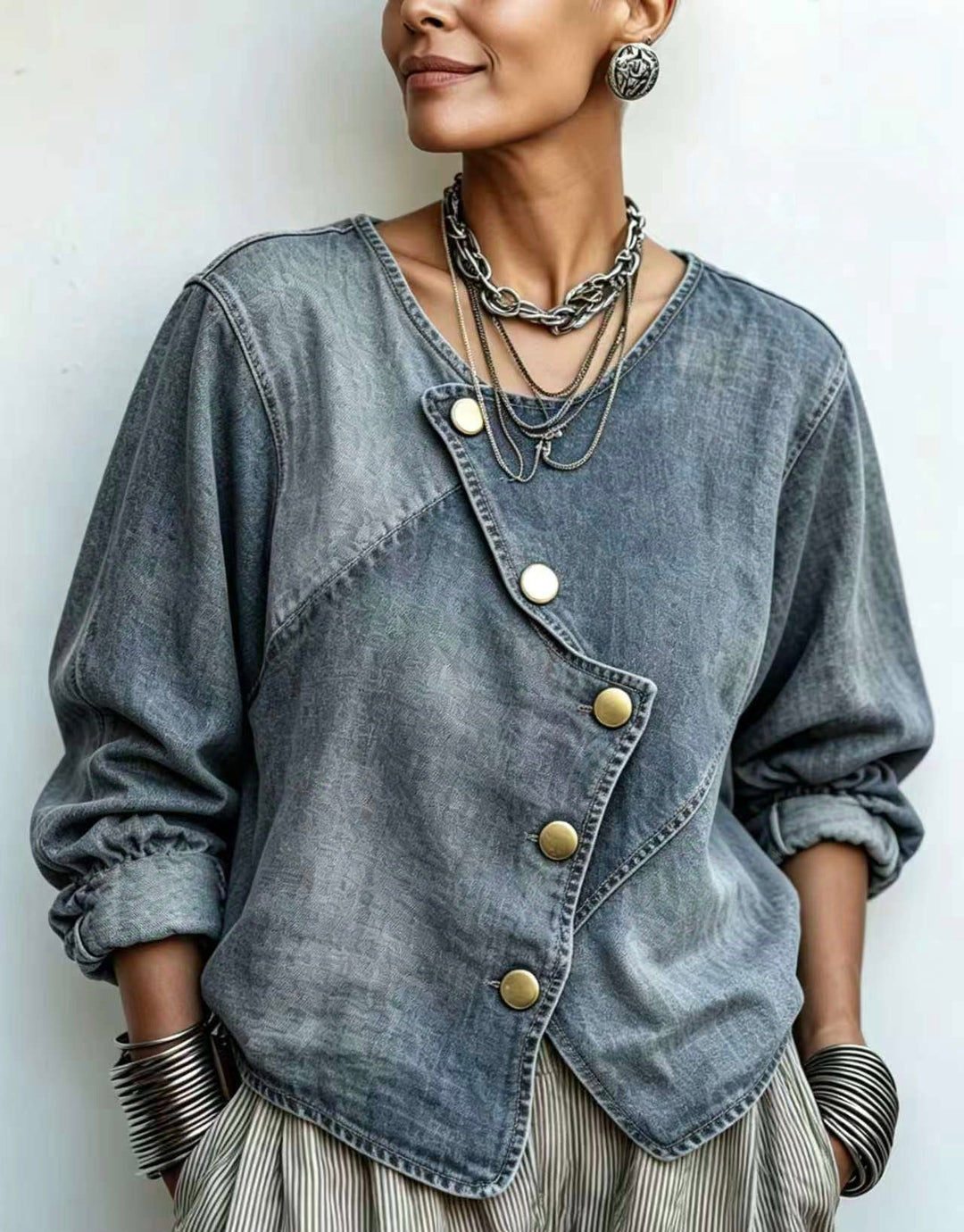 Steel blue washed jacket with diagonal buttons