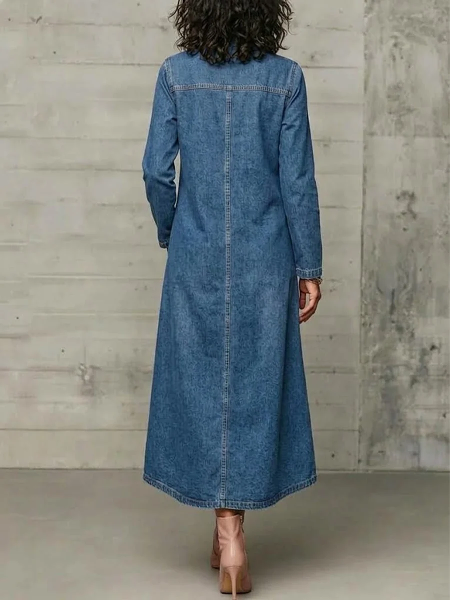 Back of the blue denim-look maxi dress
