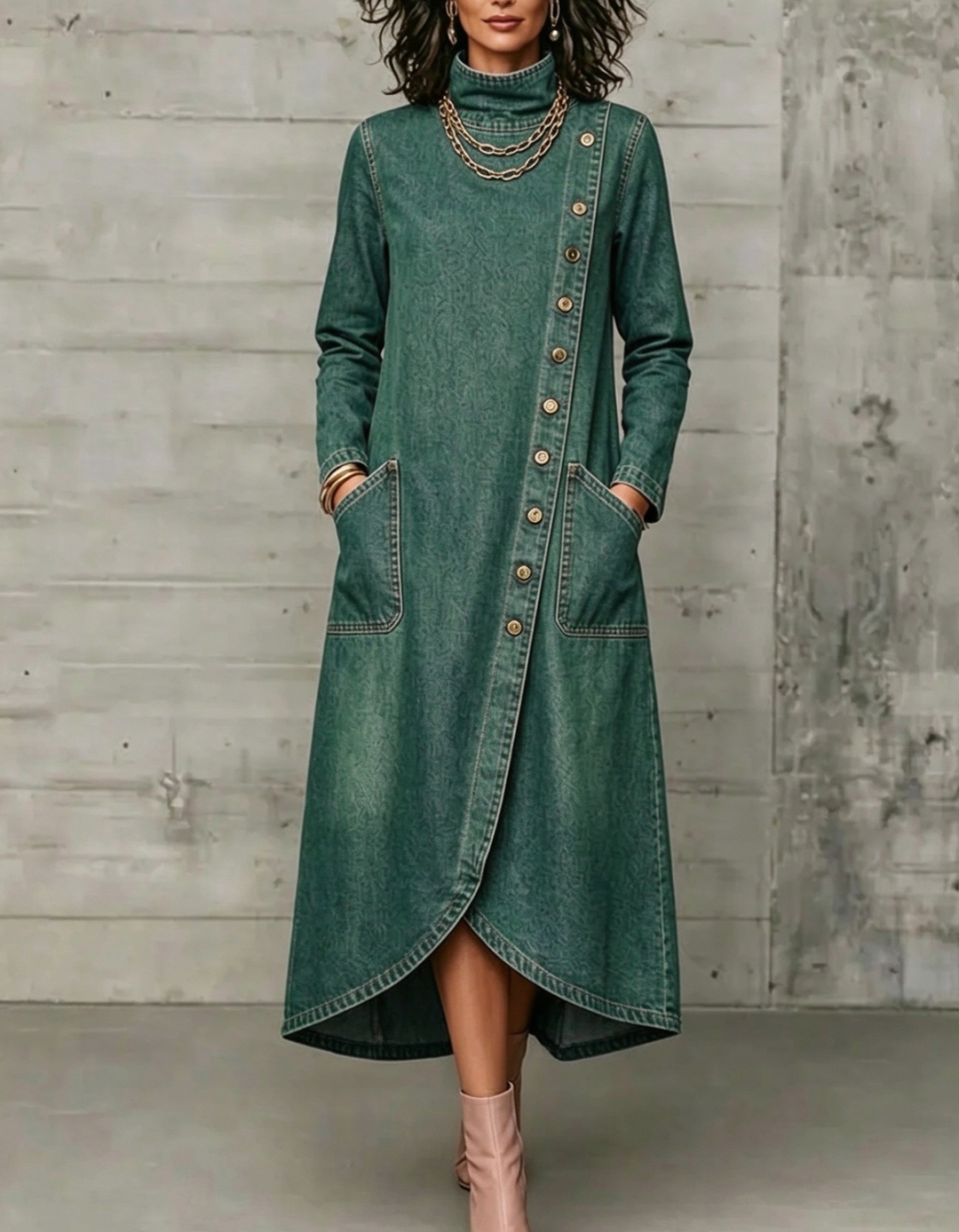 Dark green washed maxi dress with mock neck
