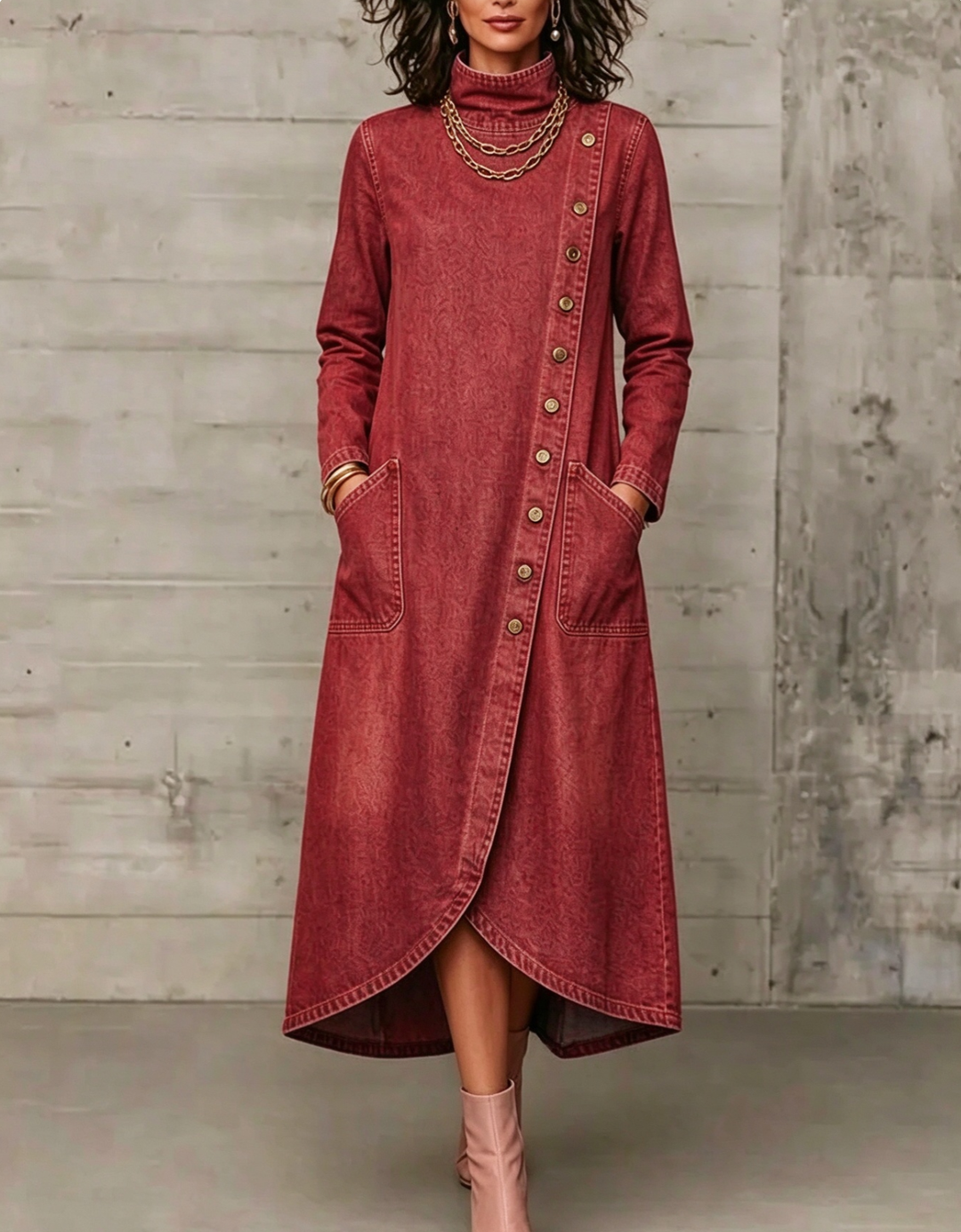 Red denim-look maxi dress