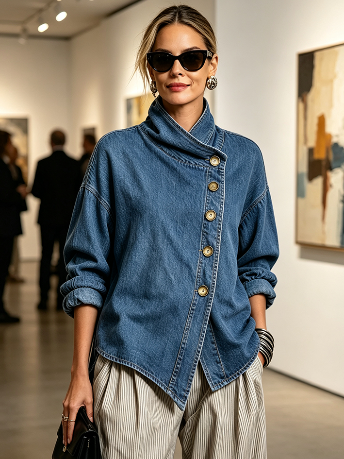 Denim-look shirt worn untucked over pleated wide-leg pants in a gallery