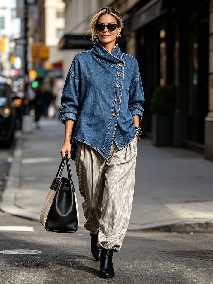 Full-length city street look with the blue shirt, striped pants and black tote
