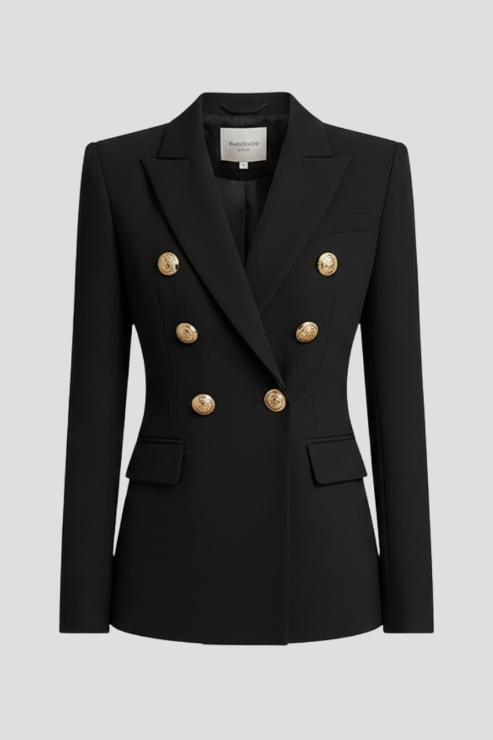 Women's black double breasted blazer, product view