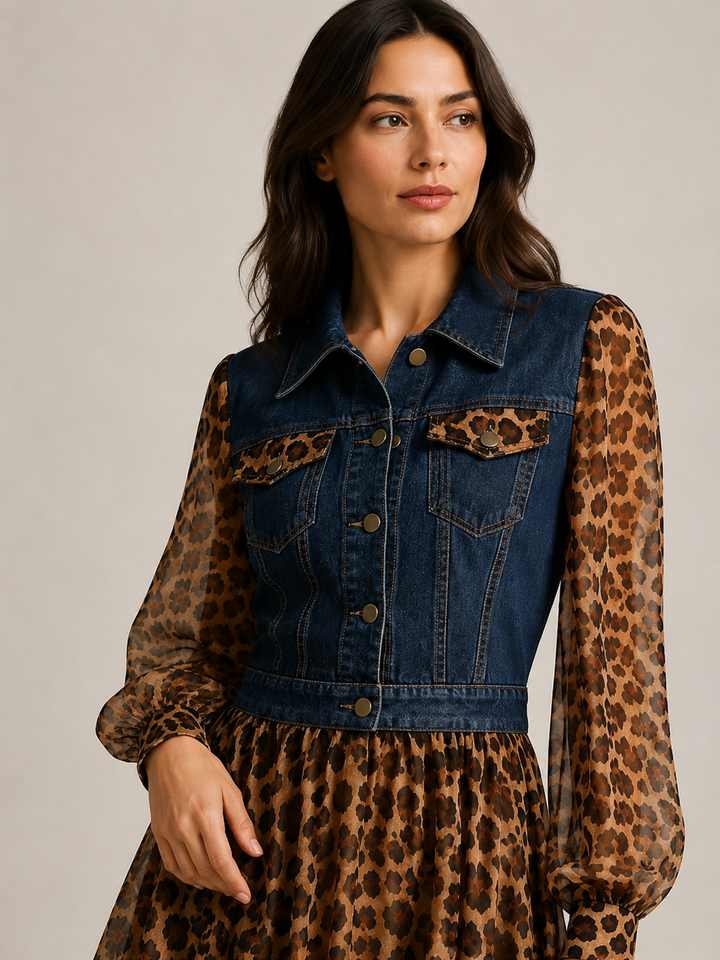 Model in dark denim-look bodice leopard dress