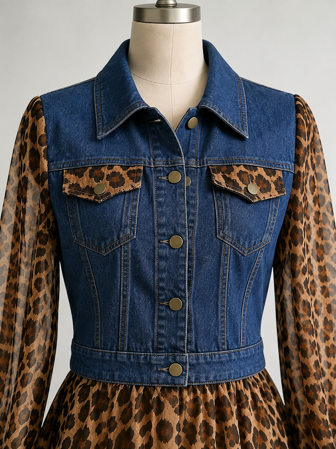Dark denim-look bodice with leopard pocket flaps