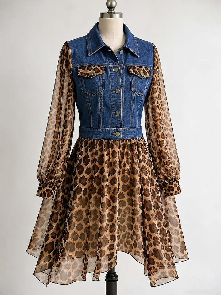 Dark blue bodice leopard dress on a form