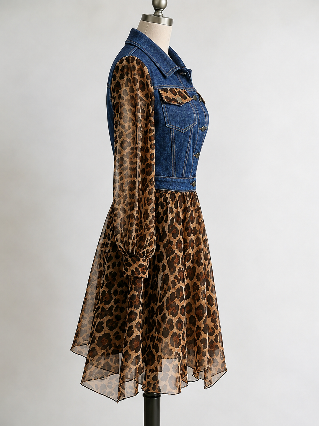 Side view of the dark blue leopard dress
