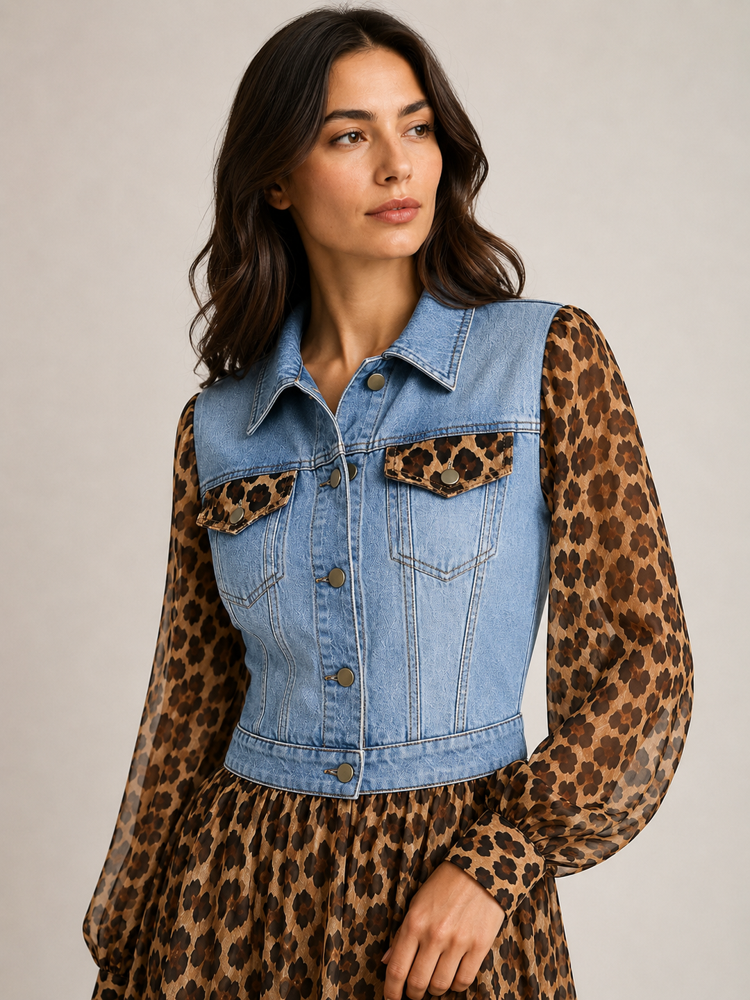 Light blue denim-look bodice with leopard sleeves