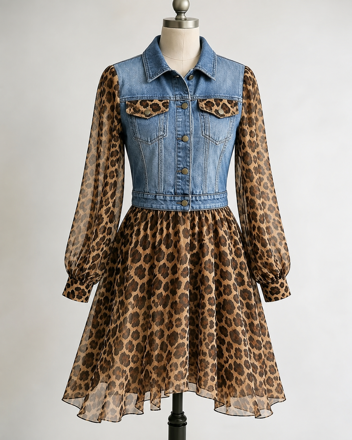 Light blue bodice leopard dress on a form