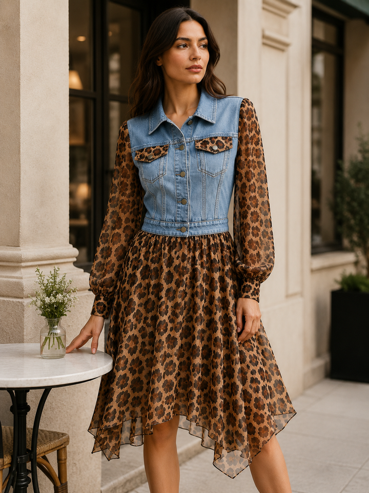 Leopard print midi dress with light denim-look bodice