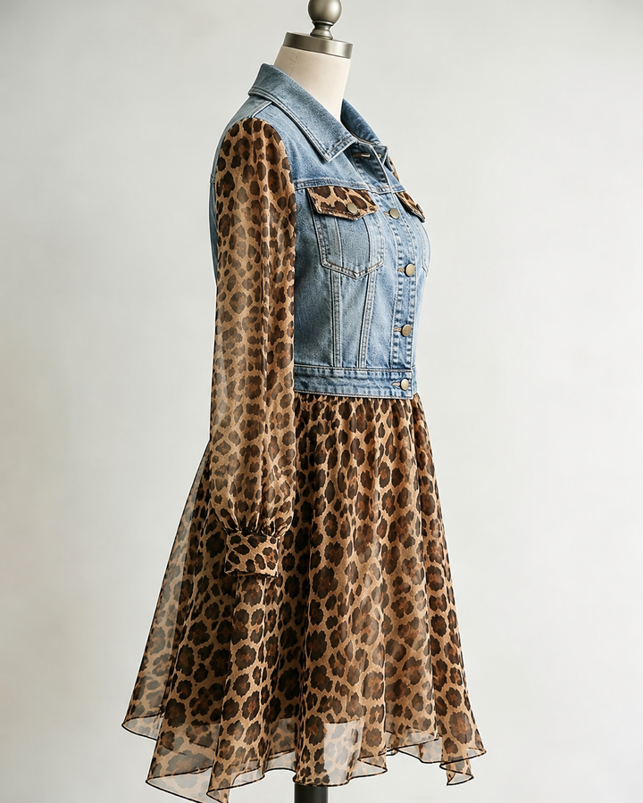 Side view of the light blue leopard dress