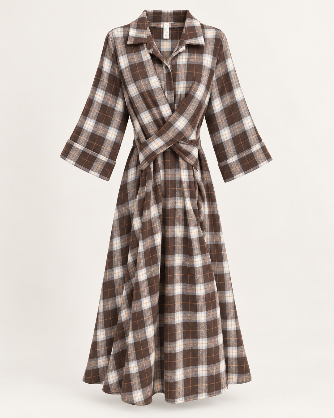 Women's fall maxi dress in brown plaid, wrap waist shirt dress with collar and three quarter sleeves