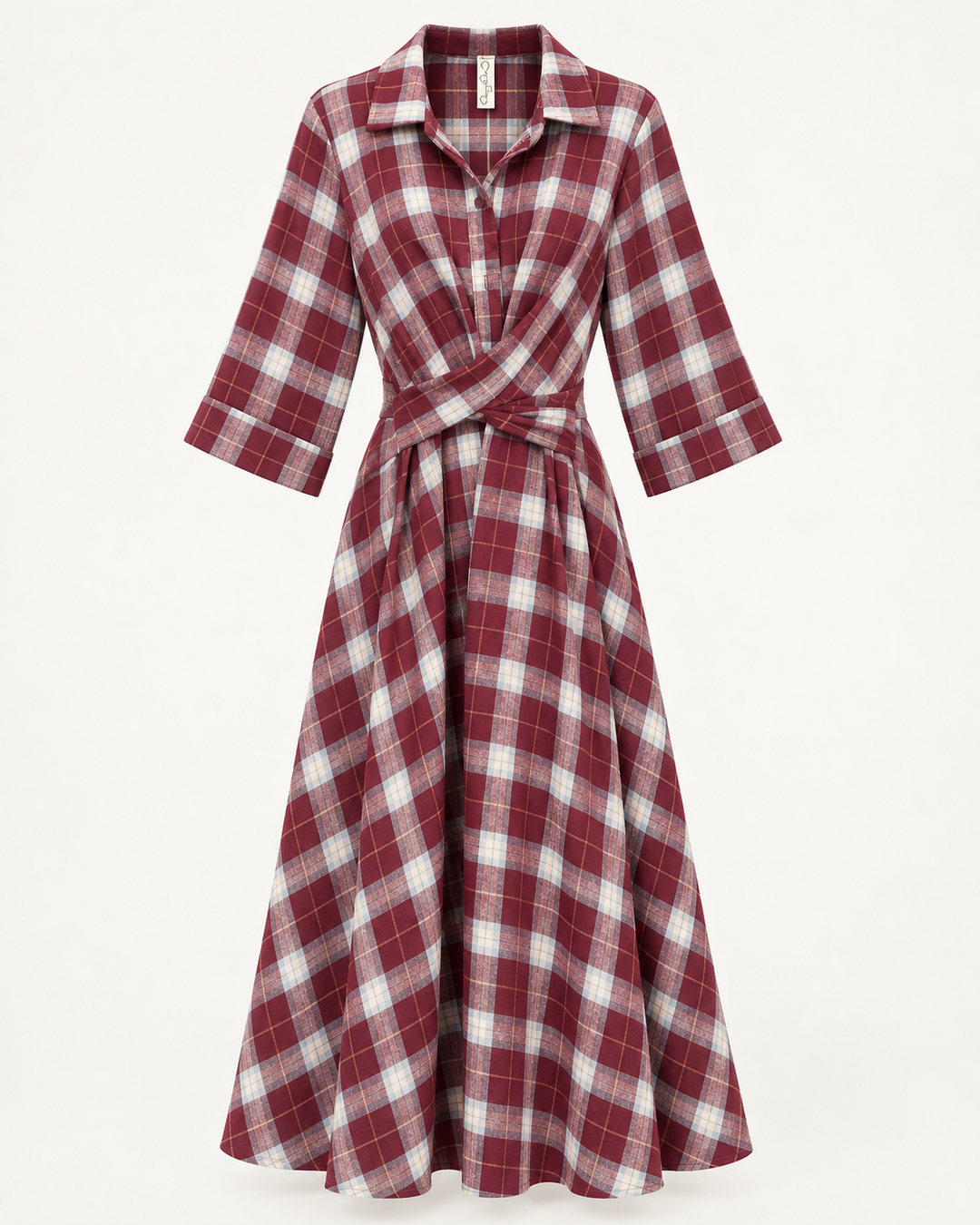 Burgundy plaid maxi shirt dress with collar, wrap waist and flared skirt