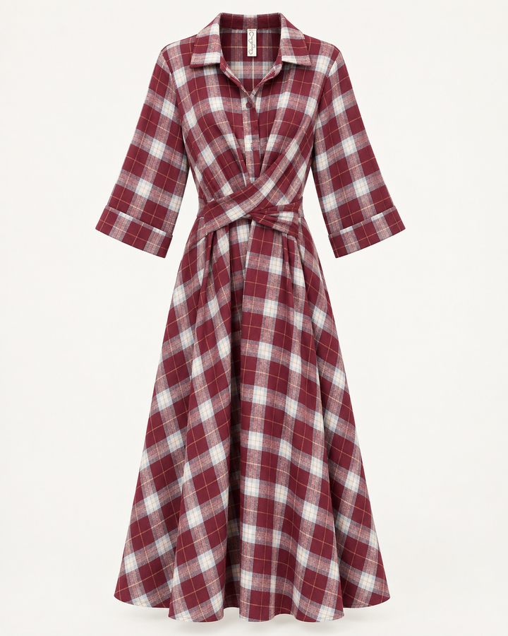 Burgundy plaid maxi shirt dress with collar, wrap waist and flared skirt