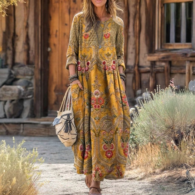 Women's fall maxi dress, vintage print long sleeve oversized in multicolor
