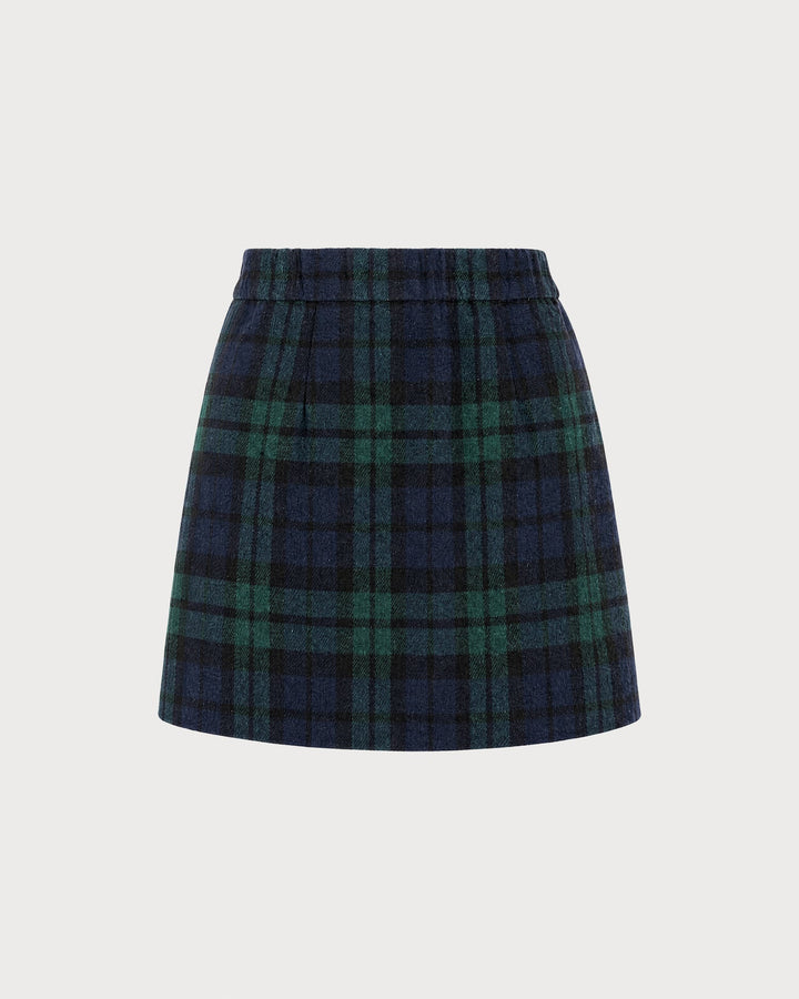 Second flat view of the green and navy plaid mini skirt on a plain background
