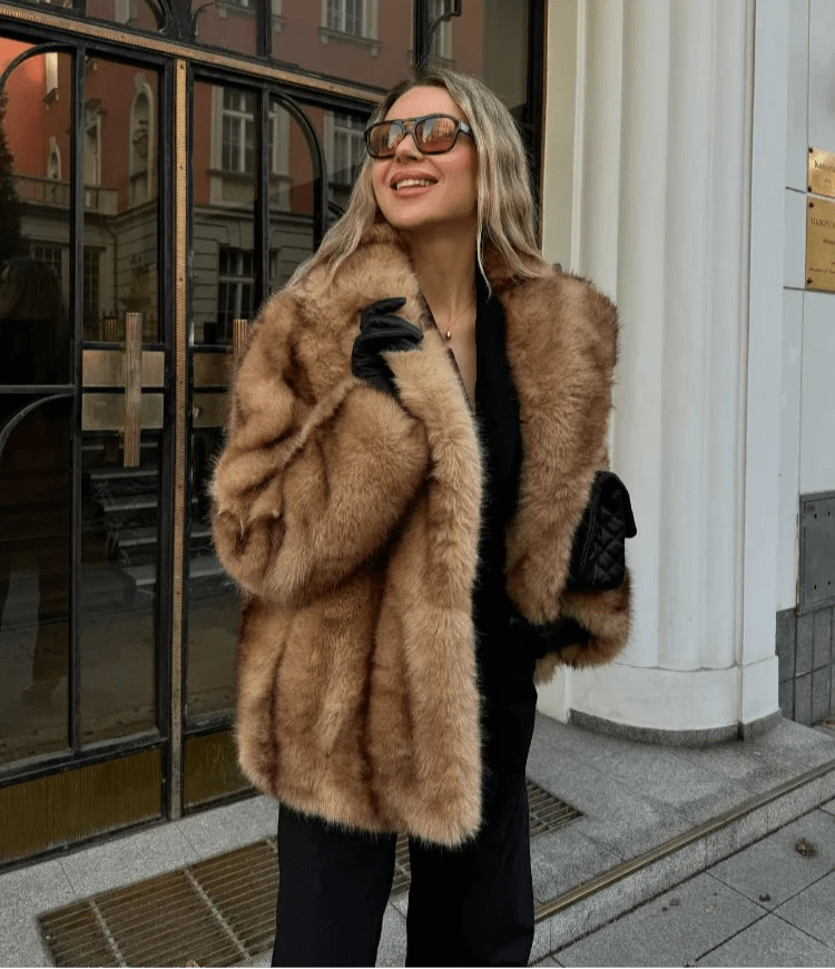 Women's faux fur coat in caramel, short oversized with wide lapel collar