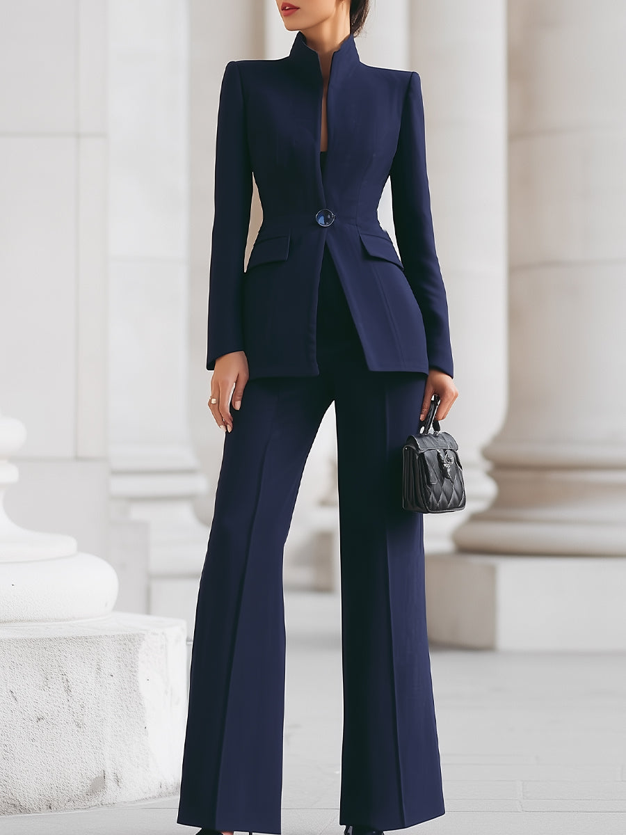 Women's navy flare pant suit, full-length view on a model