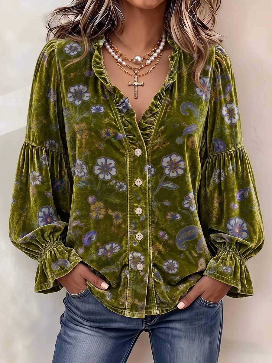 Women's floral blouse in olive with ruffle V-neck, button front and lantern sleeves
