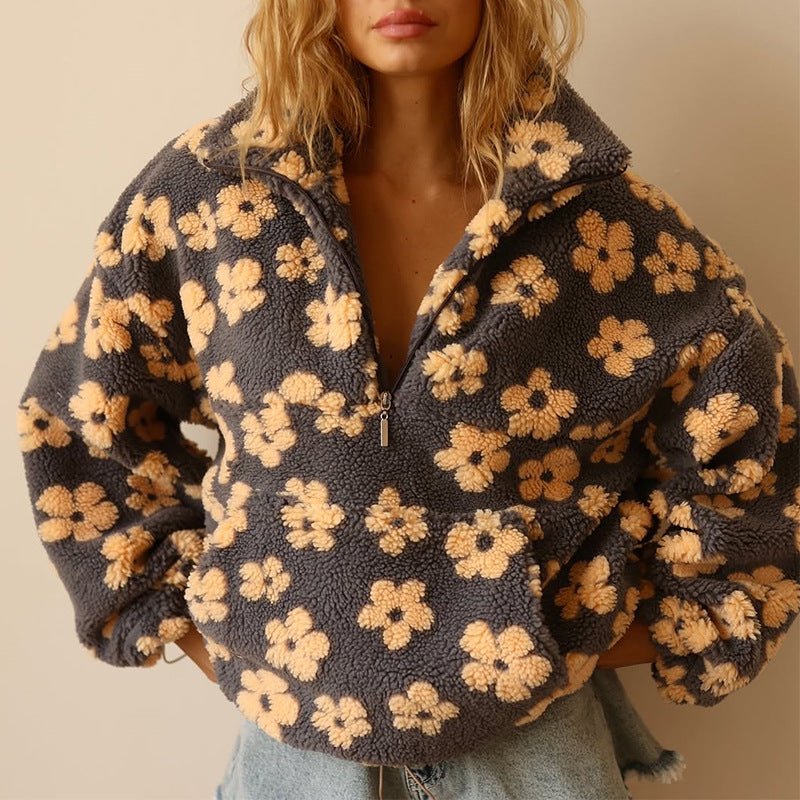Women's yellow floral floral teddy fleece half zip pullover, front view on a model