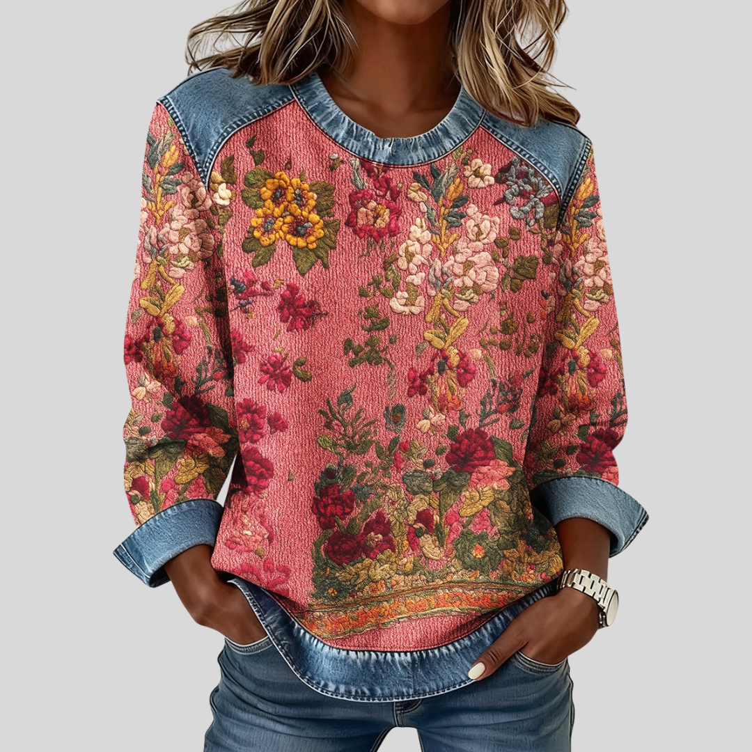 Women's Floral Sweatshirt | Crew Neck with Denim Look Panels