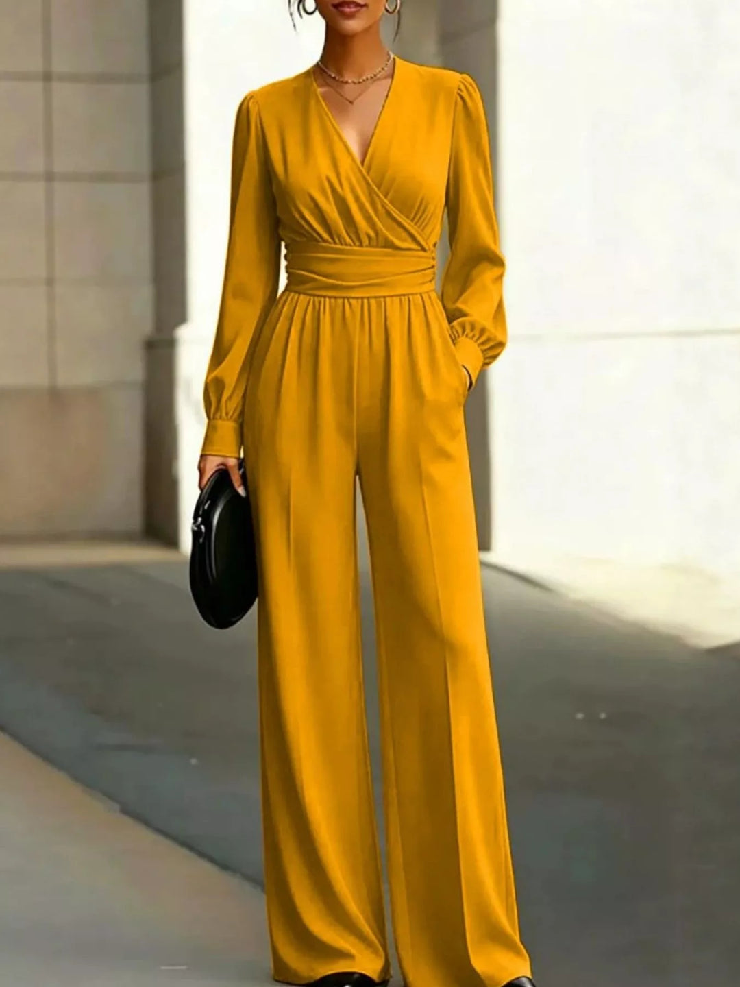 Mustard long sleeve jumpsuit with a surplice neckline