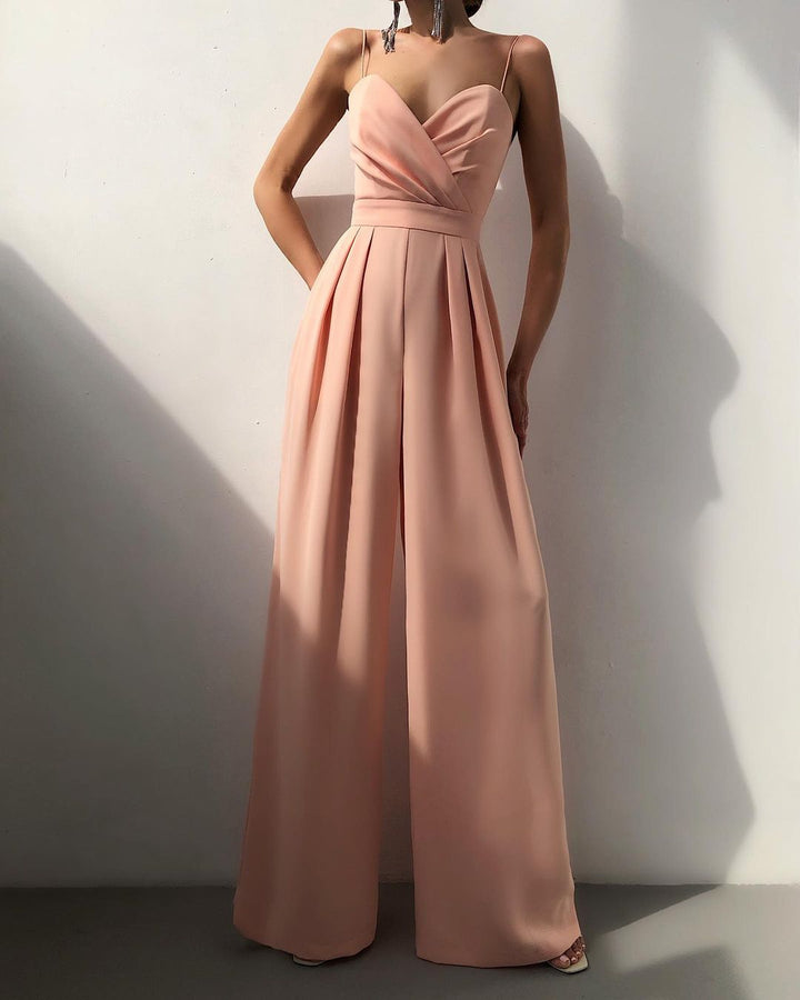 Peach sweetheart jumpsuit with pleats falling into wide legs