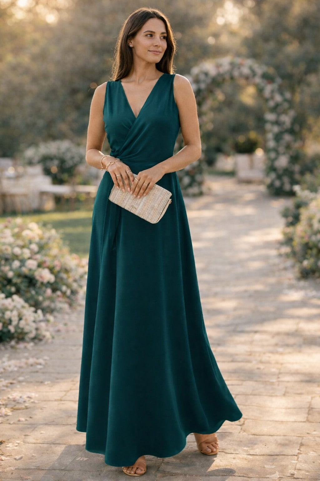Emerald sleeveless maxi dress with a crossover V neckline
