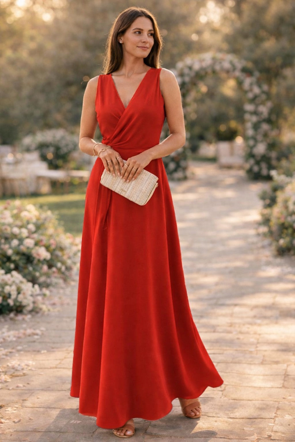 Red wrap bodice maxi dress flowing to the floor in a garden