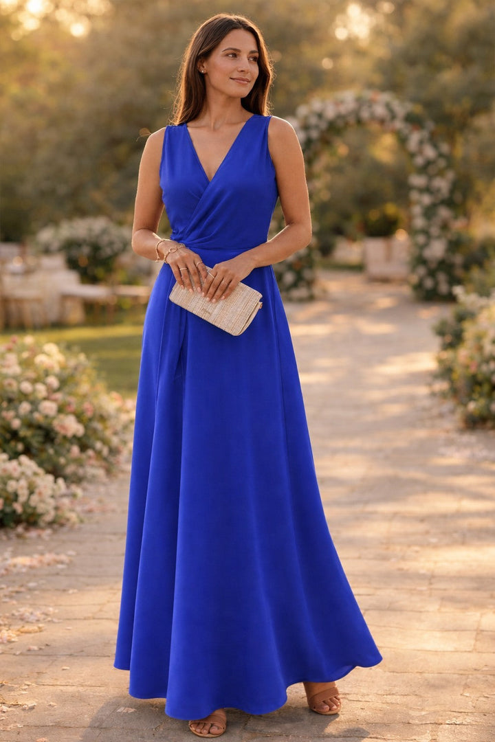 Royal blue V-neck maxi dress with a flowing A-line skirt