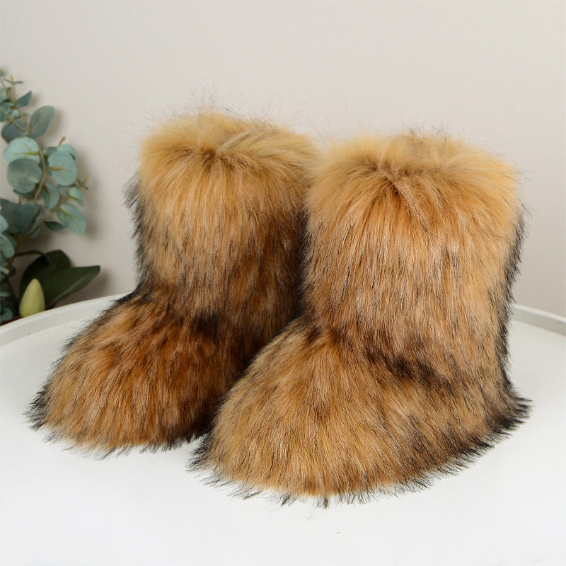 Women's fur boots in camel, faux fur mid calf pull on style