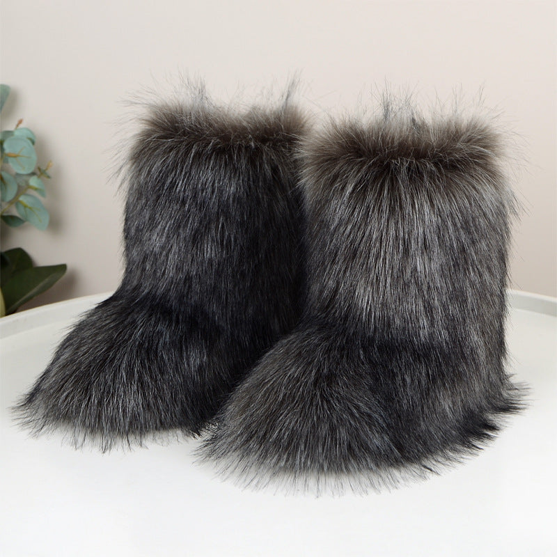 Dark gray shaggy faux fur boots