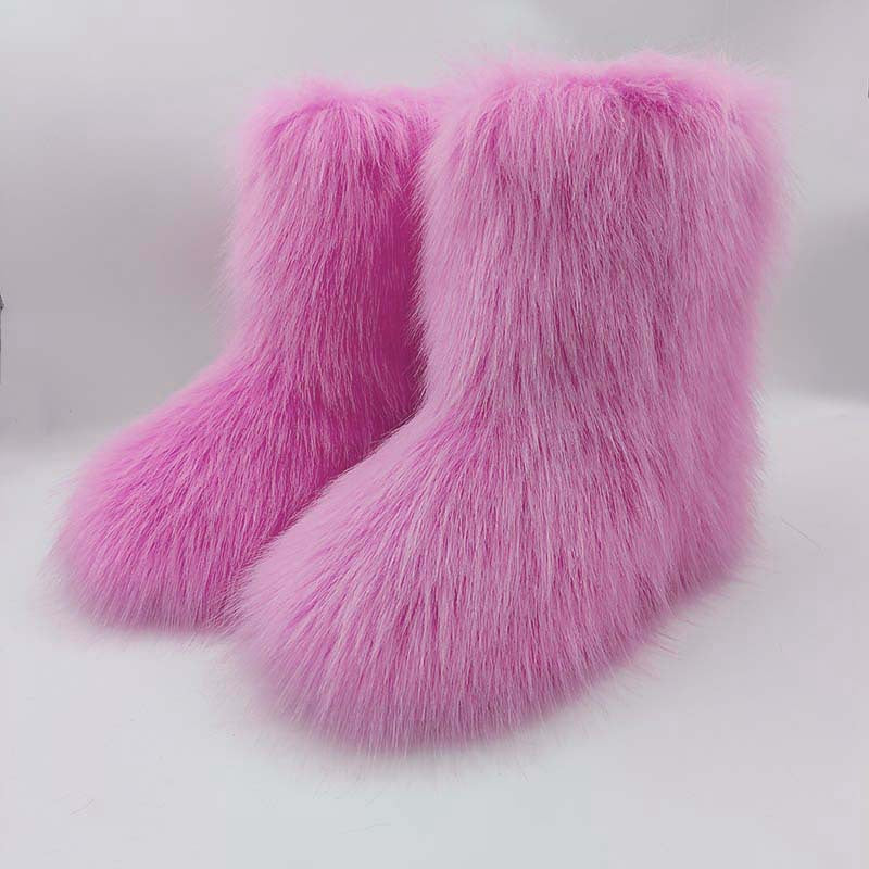 Pink fluffy faux fur mid calf boots