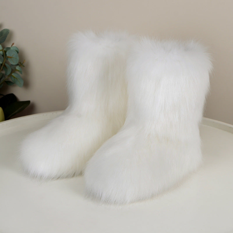 White fluffy faux fur mid calf boots