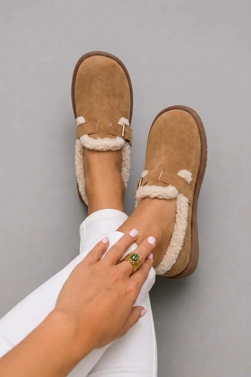 Women's Fur Lined Clogs | Suede Look with Buckle Strap