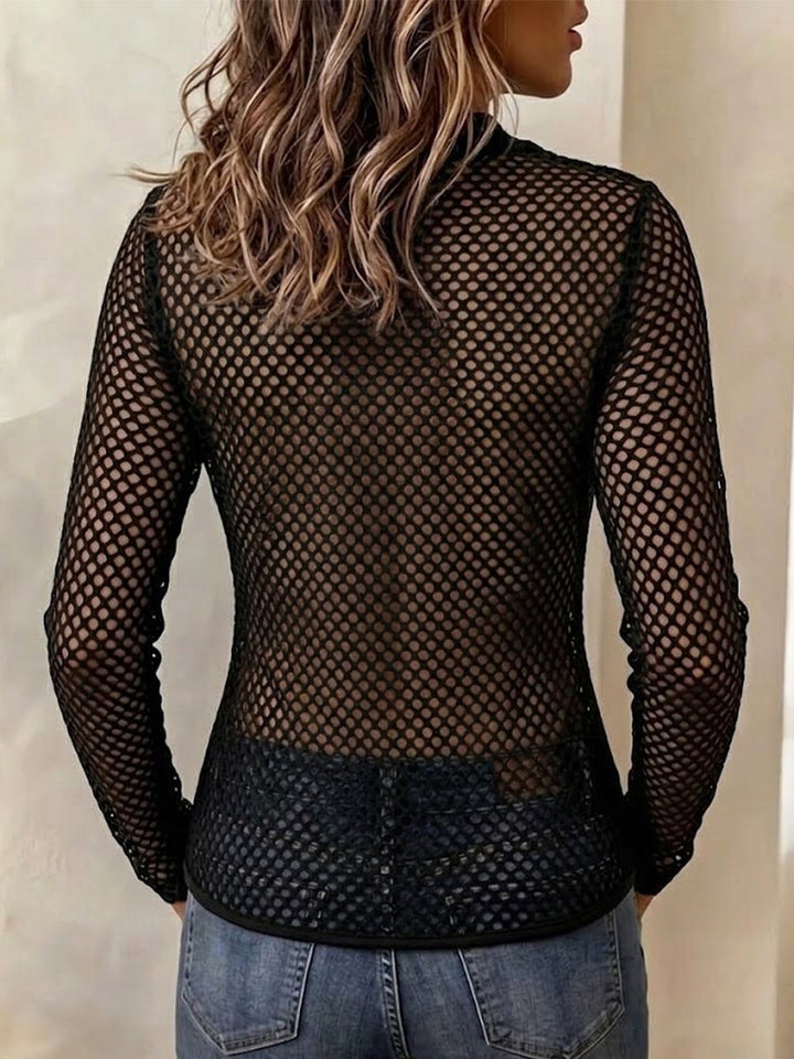 Back of the black mesh top showing the sheer long sleeves