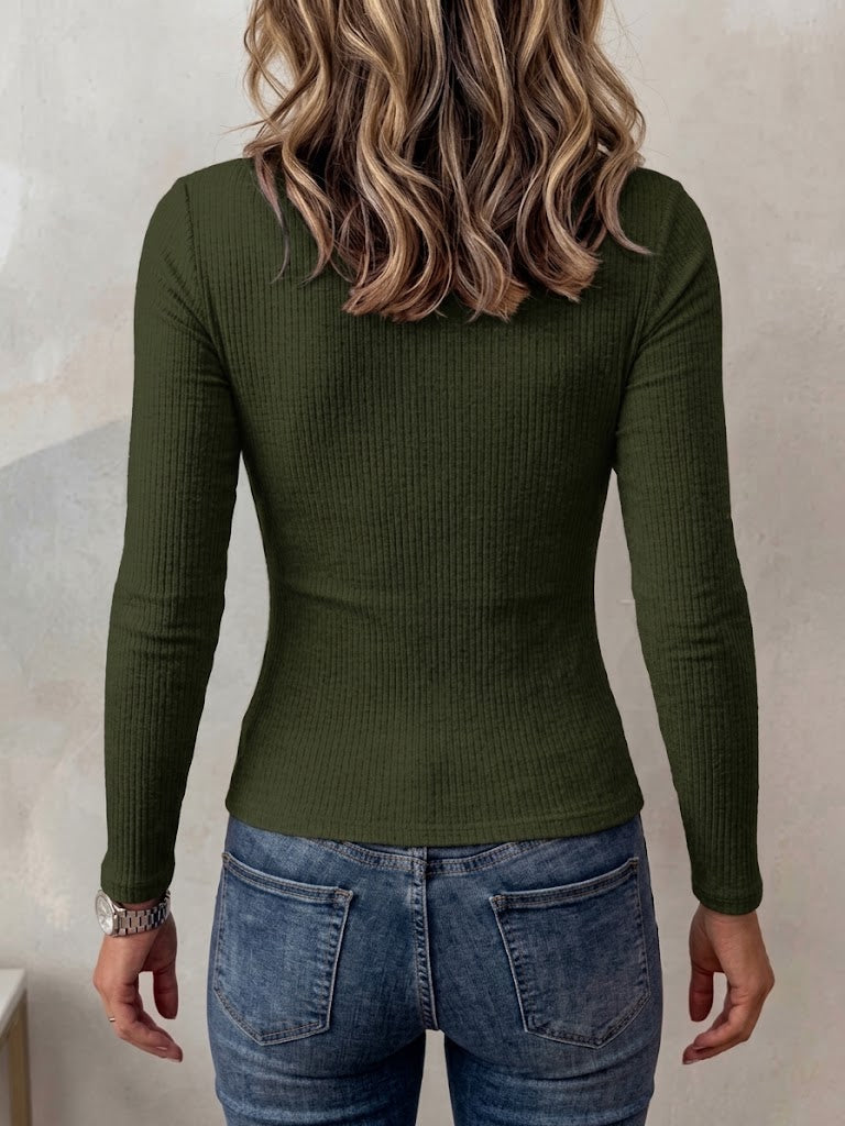 Olive long sleeve top from the back, slim fit to the hip