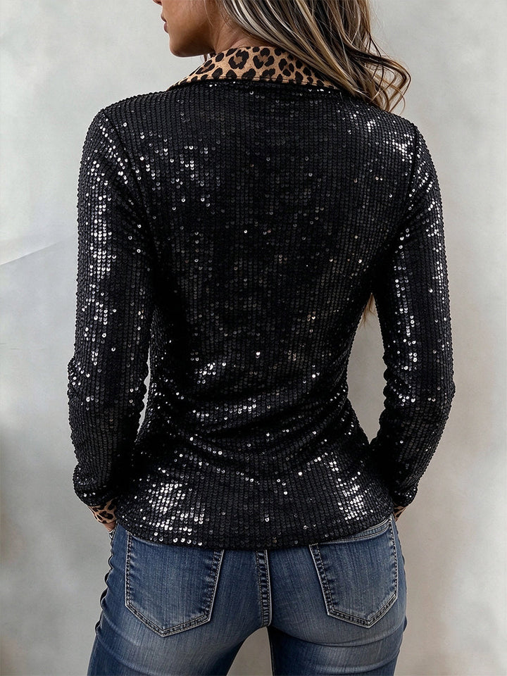 Back view of the sequin top showing the leopard collar and fitted shape