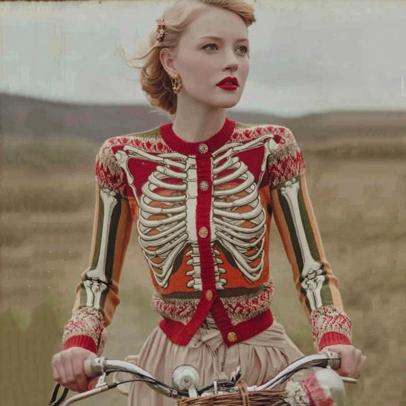 Women's Halloween skeleton cardigan, front view on a model