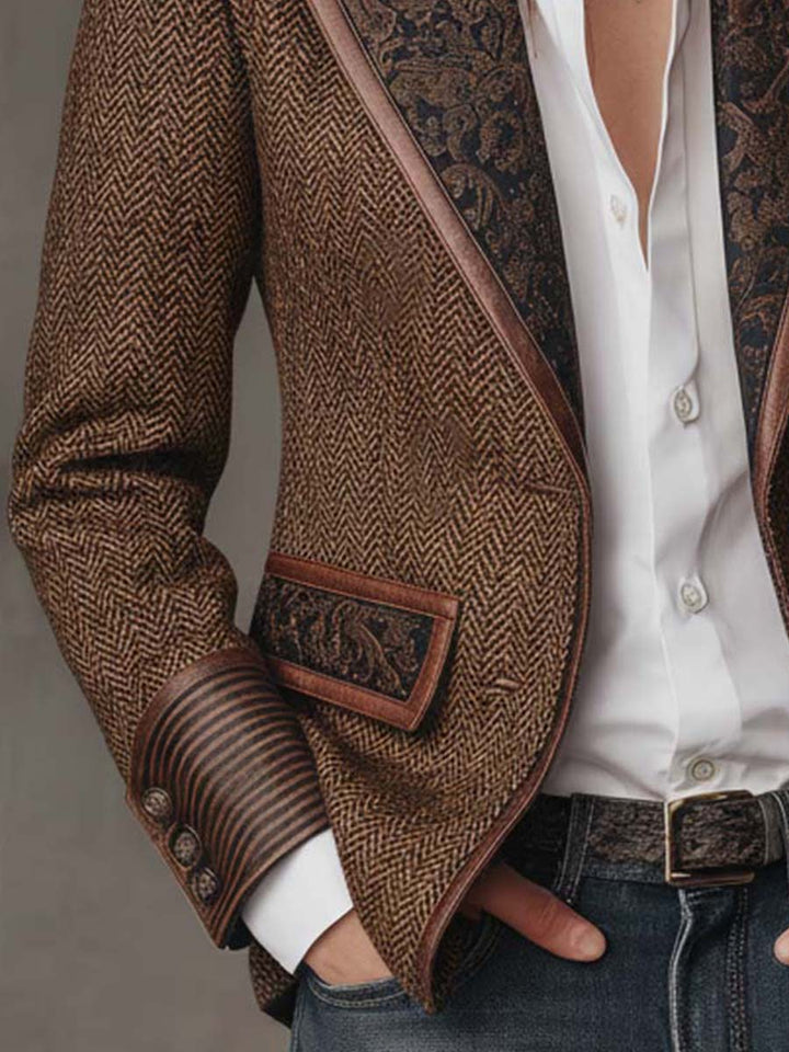 Close-up of the blazer cuff with leather trim and gold buttons