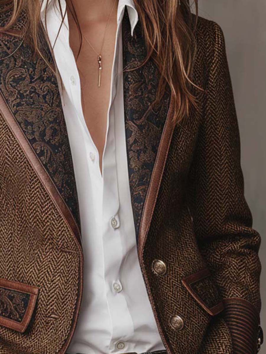 Detail of the paisley lapel panel and herringbone texture on the front