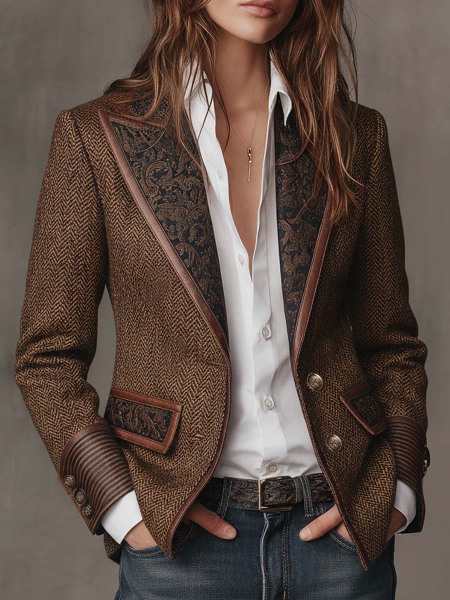 Women's herringbone blazer in brown with paisley panel lapels, worn with jeans