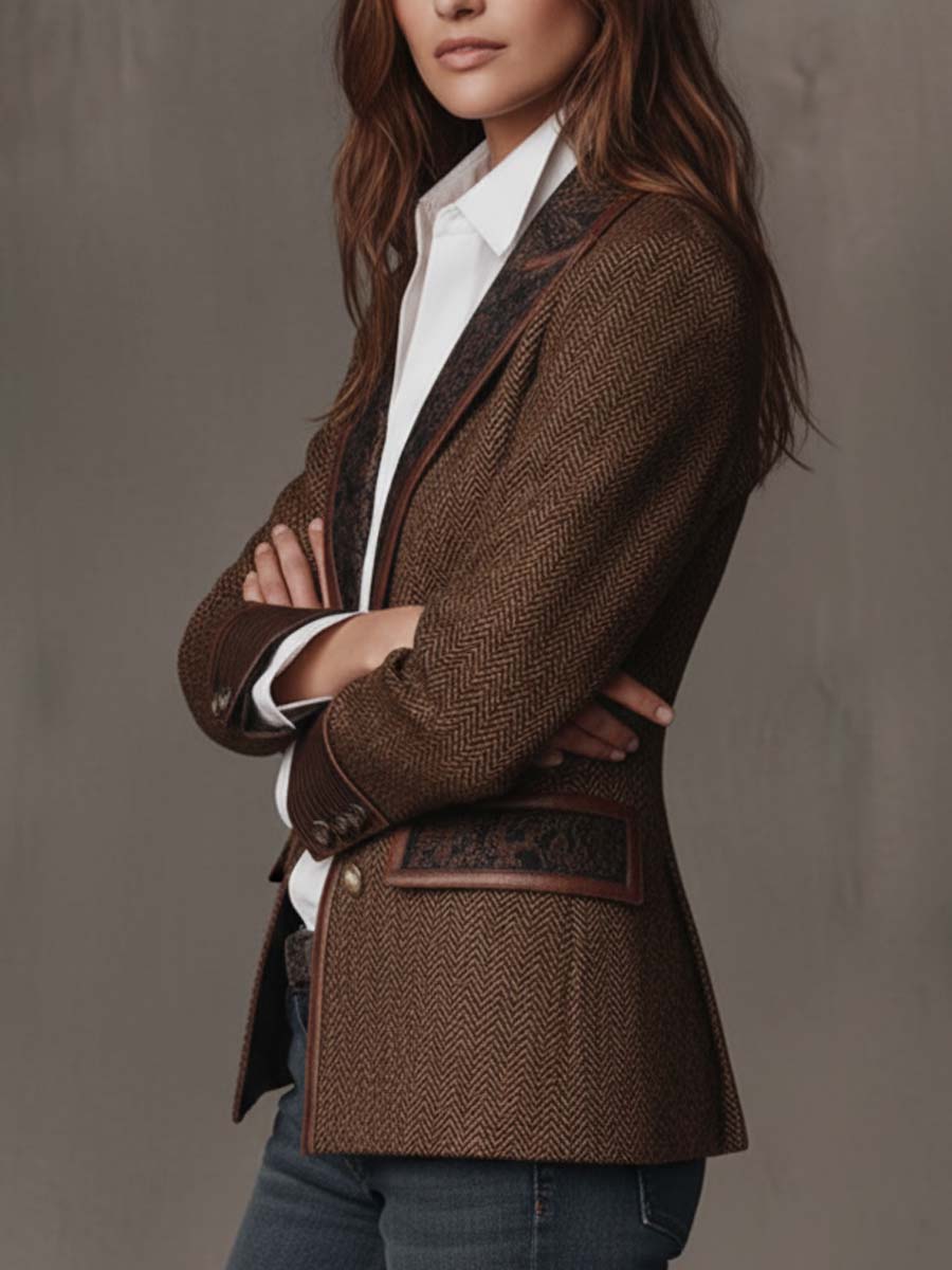 Side angle of the brown blazer with crossed arms and leather trimmed cuffs