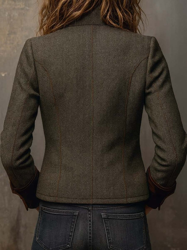 Herringbone blazer in olive, back view with contrast cuffs