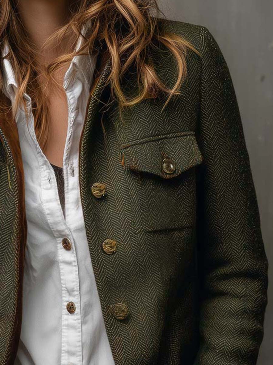 Close-up of the blazer buttons and herringbone texture over a white shirt