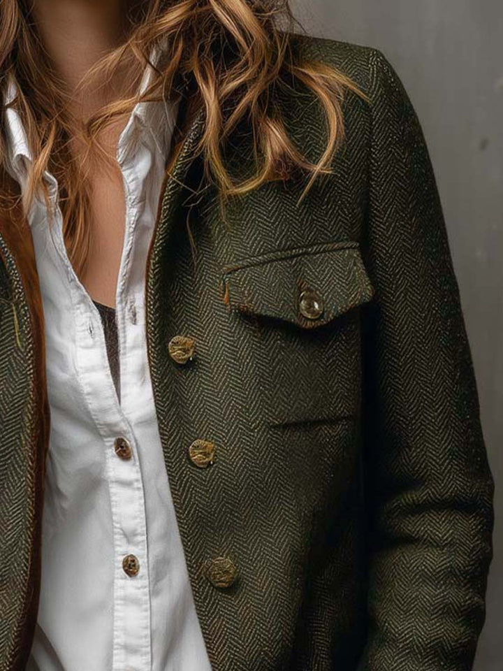 Close-up of the blazer buttons and herringbone texture over a white shirt