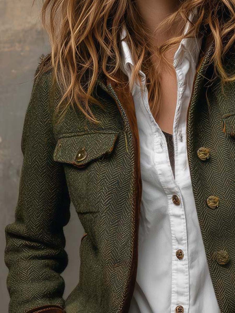 Close-up of the herringbone blazer chest patch pocket and button front
