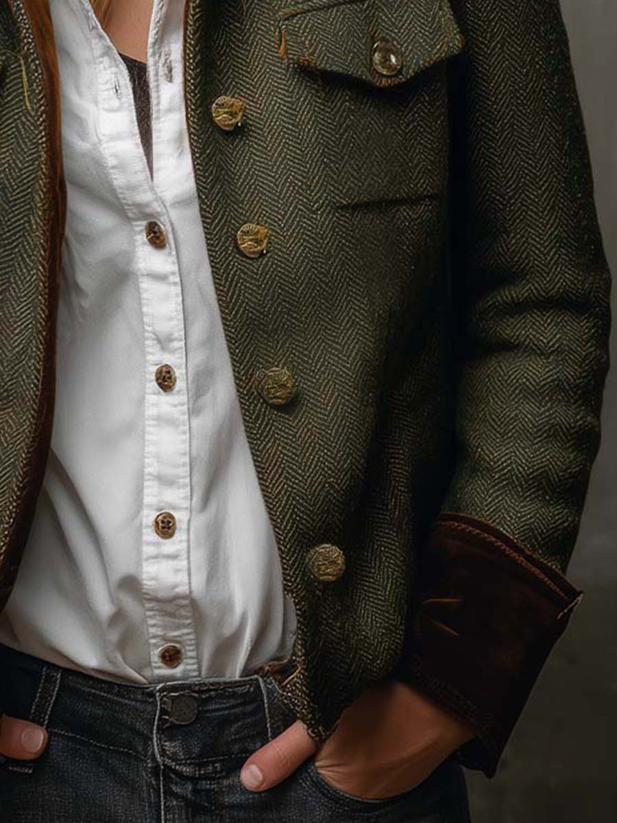 Detail of the blazer front placket, pocket and brown trim